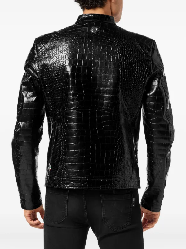 Philipp Plein Leather Moto Jacket Cocco Print | Black | FARFETCH