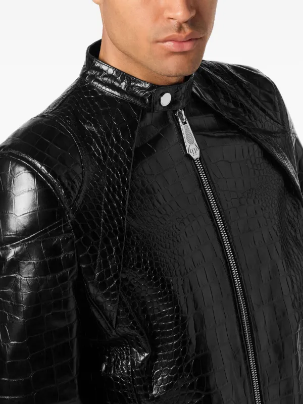Philipp Plein Leather Moto Jacket Cocco Print | Black | FARFETCH