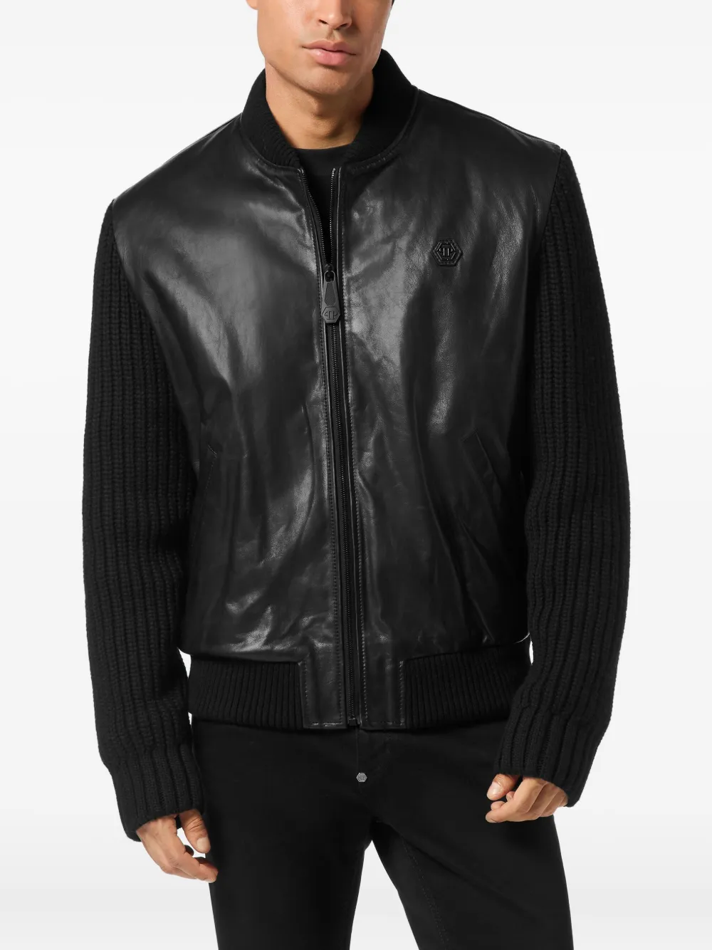 Philipp Plein leather knitted-sleeve jacket | Leather Jackets | Image 2