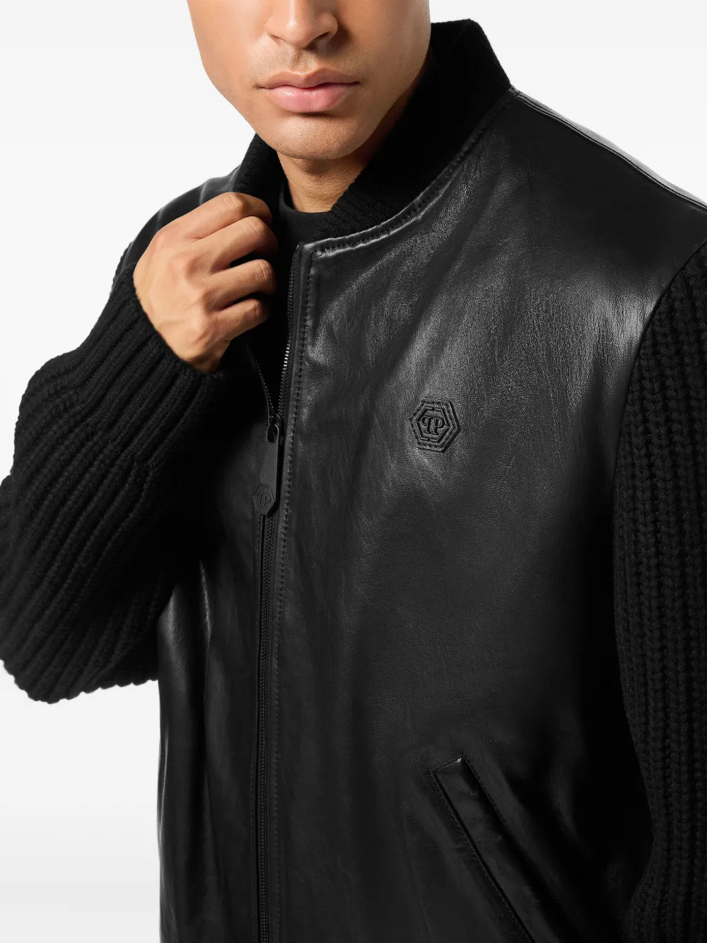 Philipp Plein Leren jack met gebreide mouwen Zwart