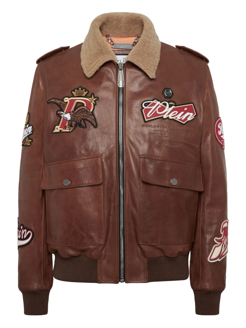 Philipp Plein embroidered leather jacket | Brown | Image 1