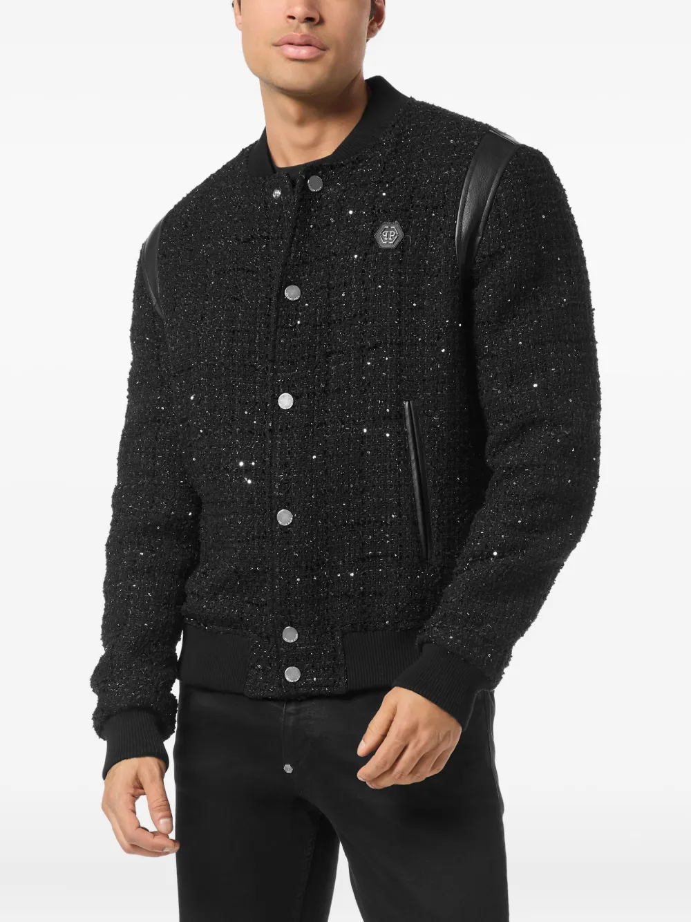 Philipp Plein Bomberjack met leren afwerking en pailletten Zwart