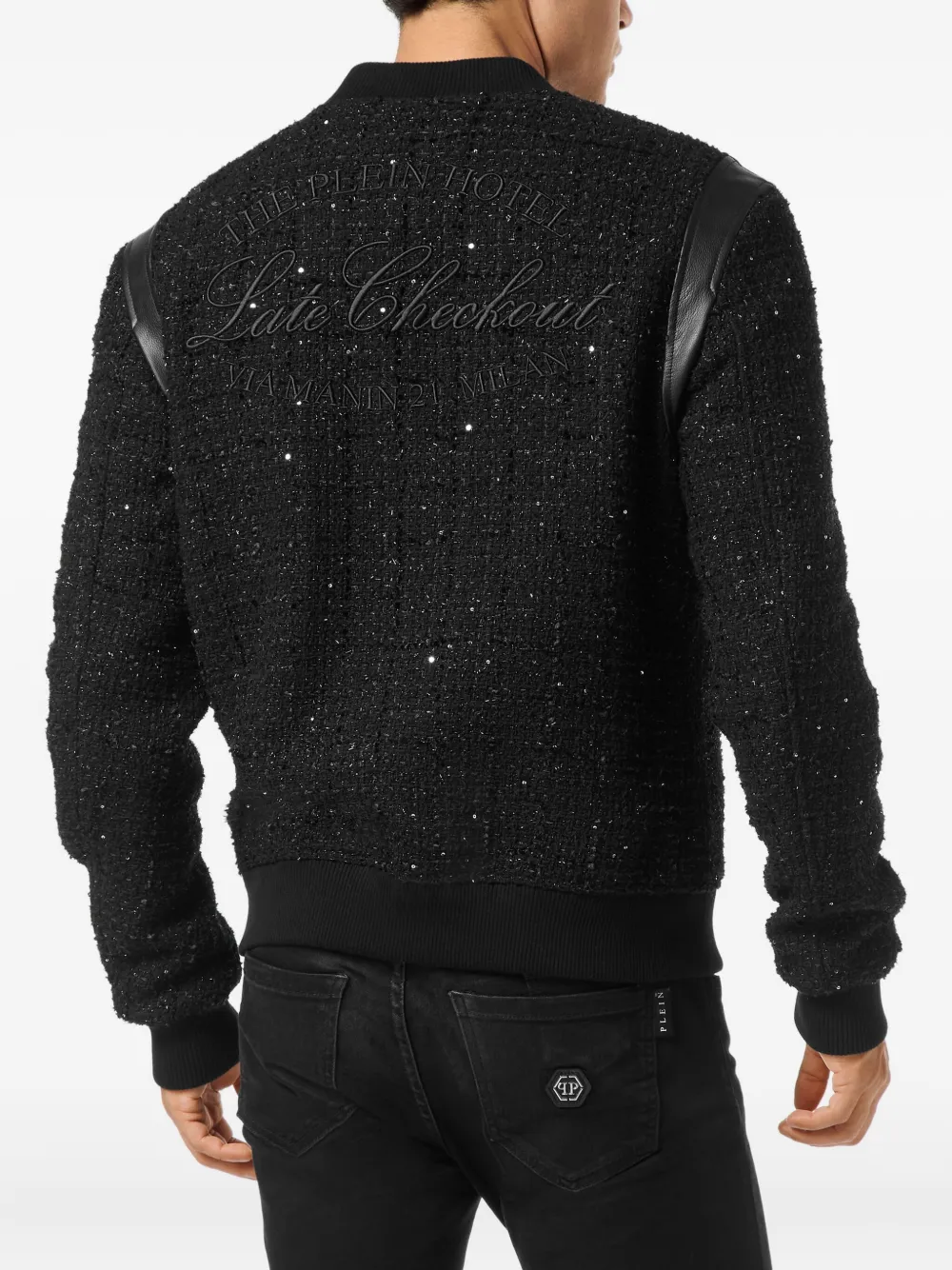 Philipp Plein Bomberjack met leren afwerking en pailletten Zwart