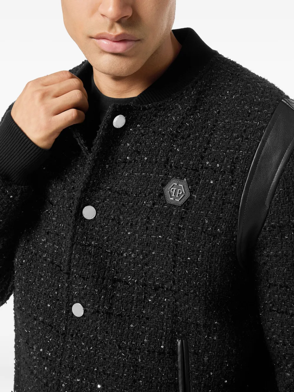 Philipp Plein Bomberjack met leren afwerking en pailletten Zwart