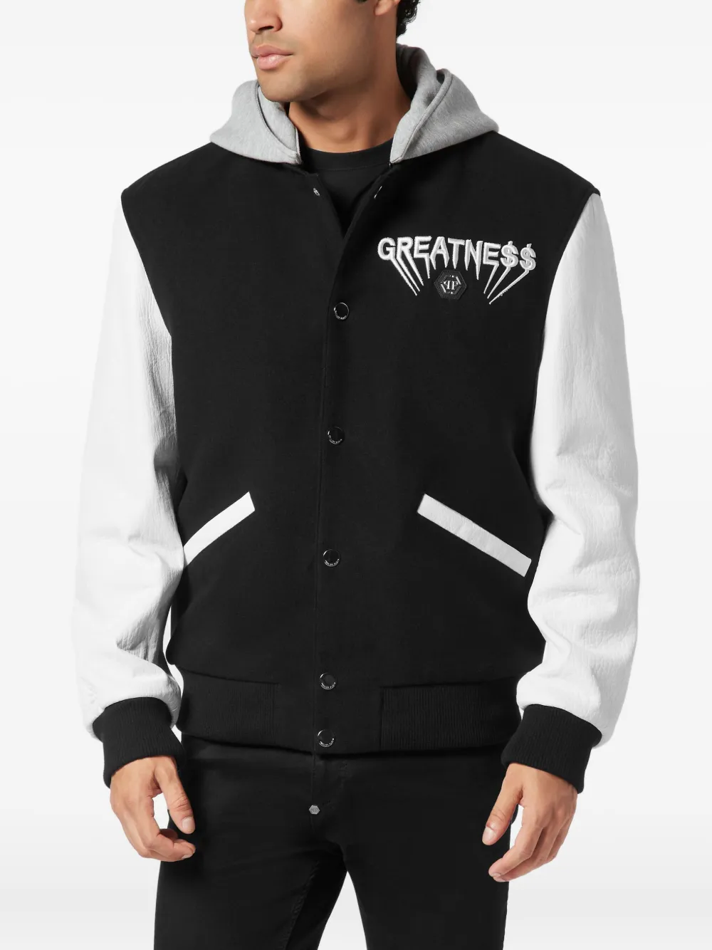 Philipp Plein Hooded Leather-sleeve Bomber Jacket In Black