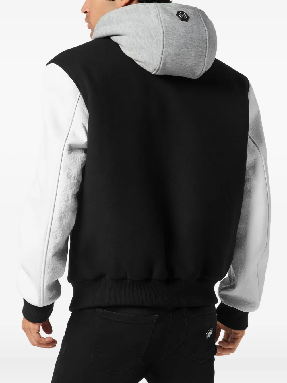Philipp Plein Hooded Leather-sleeve Bomber Jacket In Black