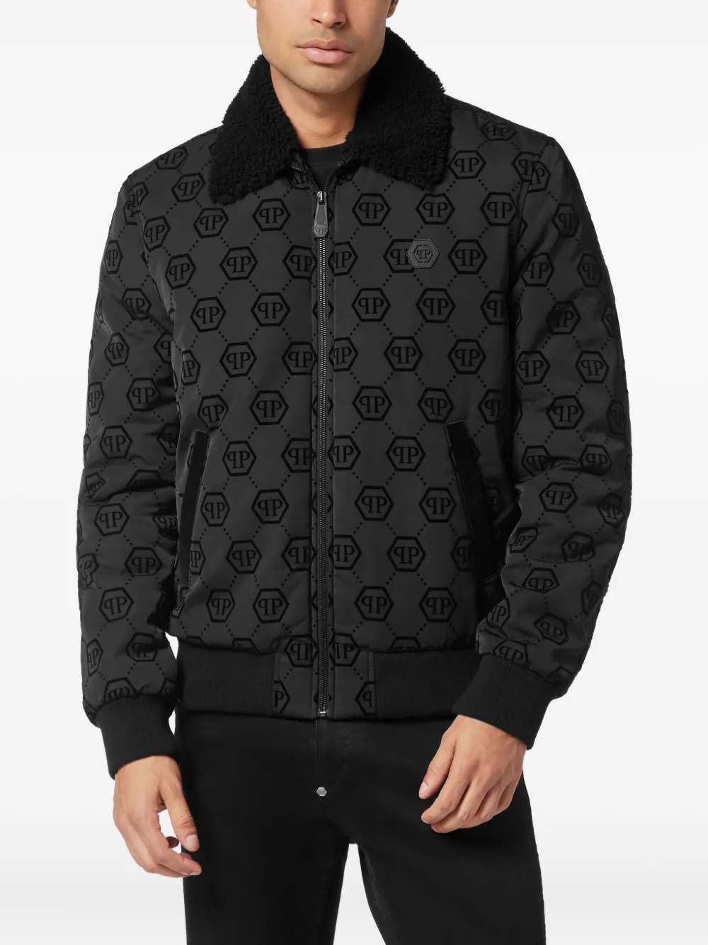  Philipp Plein Monogram Shearling-collar Bomber Jacket - Black 