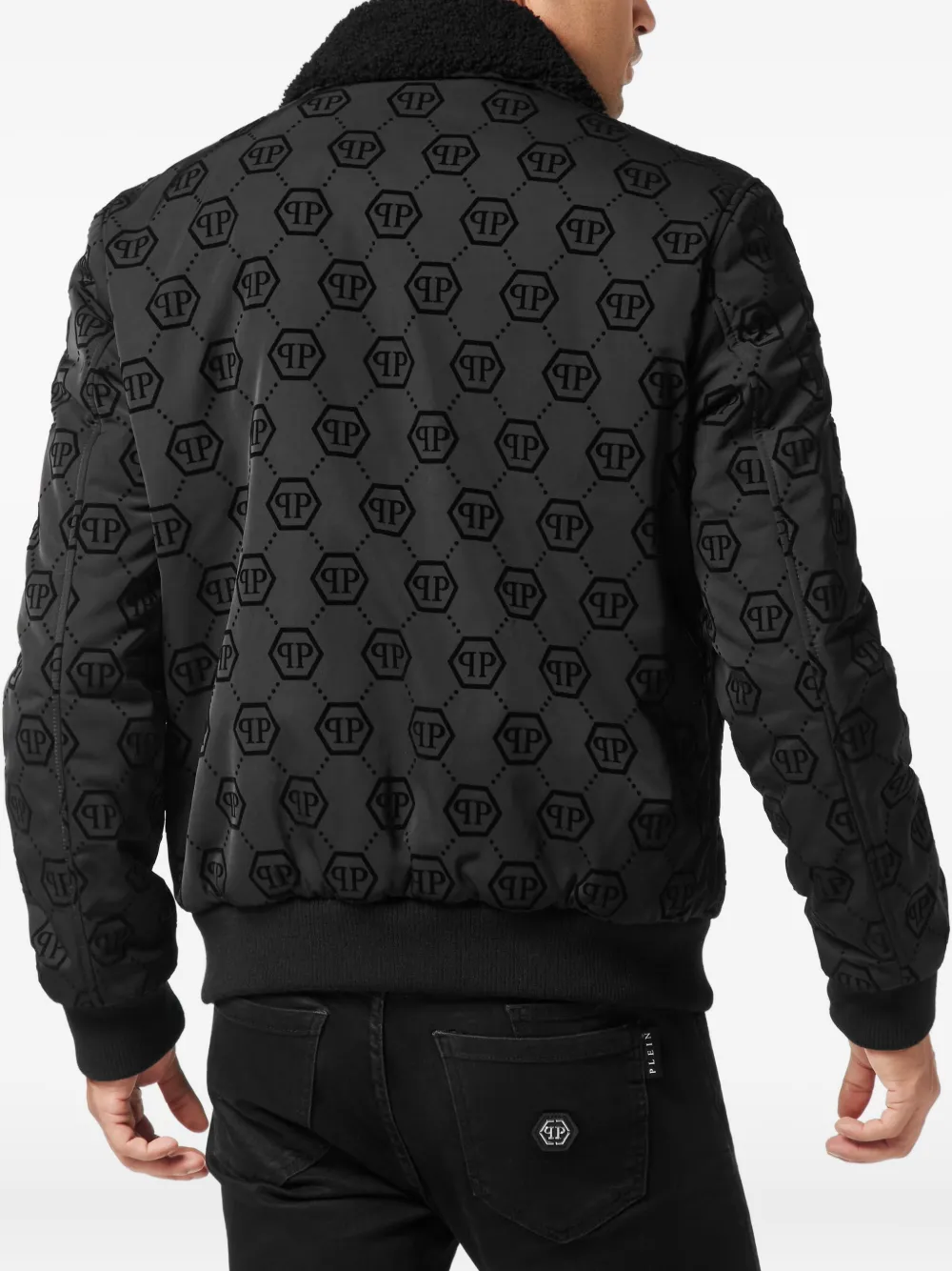 Philipp Plein Bomberjack met lammy kraag en monogram Zwart