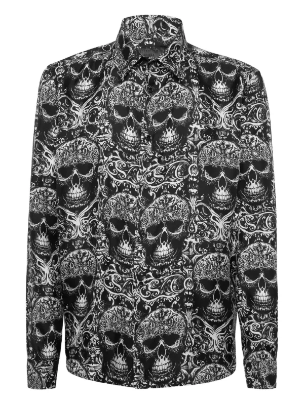 PHILIPP PLEIN - Printed Silk Shirt All Over Skull - Black PHILIPP PLEIN - Printed Silk Shirt All Over Skull - Black