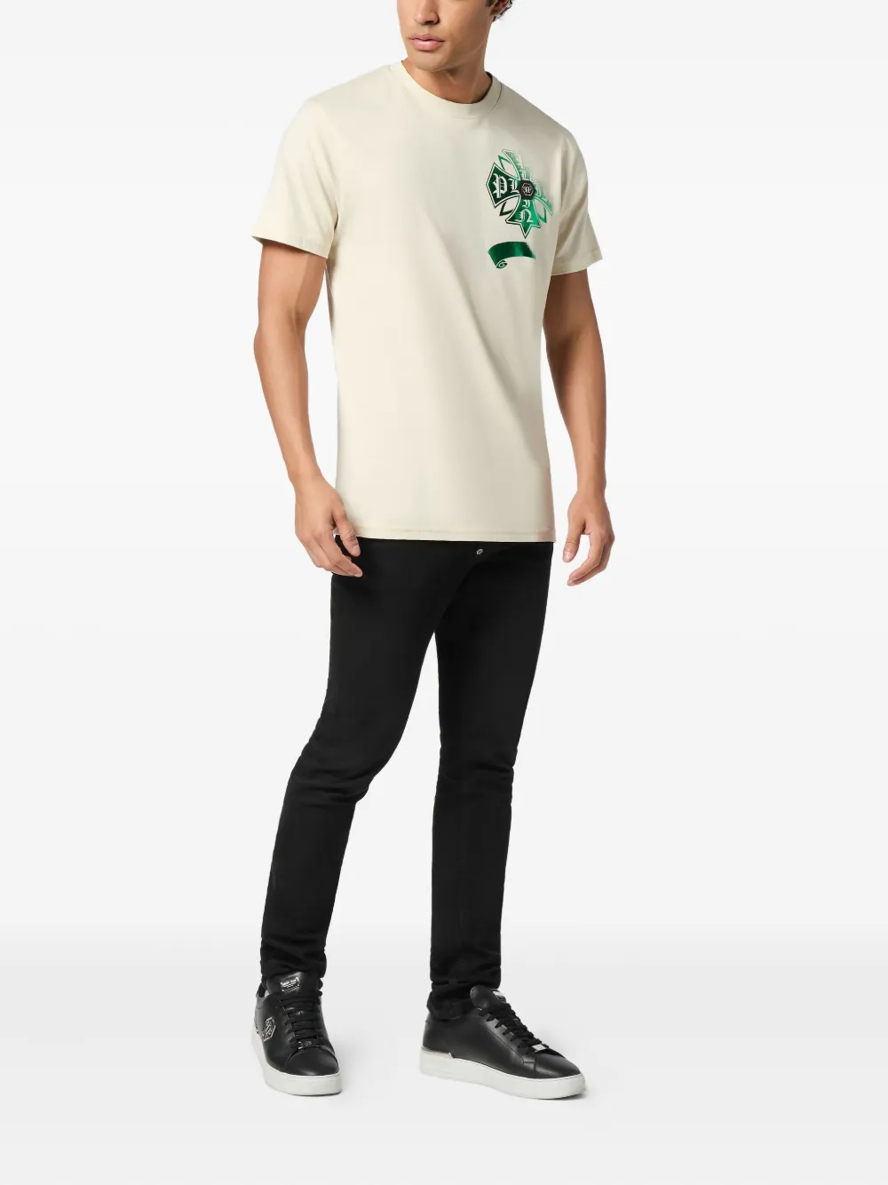 Philipp Plein T-shirt verfraaid met wapenschild en ronde hals - Beige