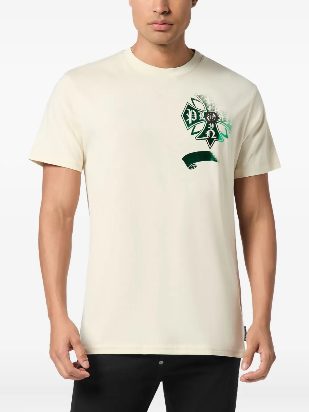 Philipp Plein T-shirt verfraaid met wapenschild en ronde hals Beige