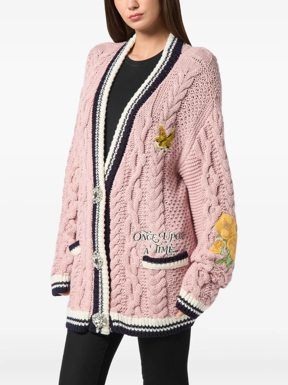 Philipp Plein Cable-knit Embroidered Cardigan In Pink