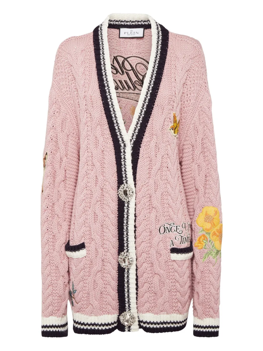 Philipp Plein Cable-knit Embroidered Cardigan In Pink