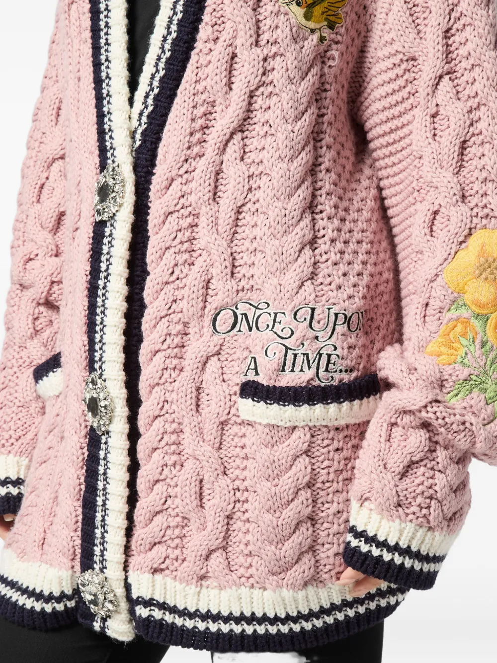 Philipp Plein Cable-knit Embroidered Cardigan In Pink