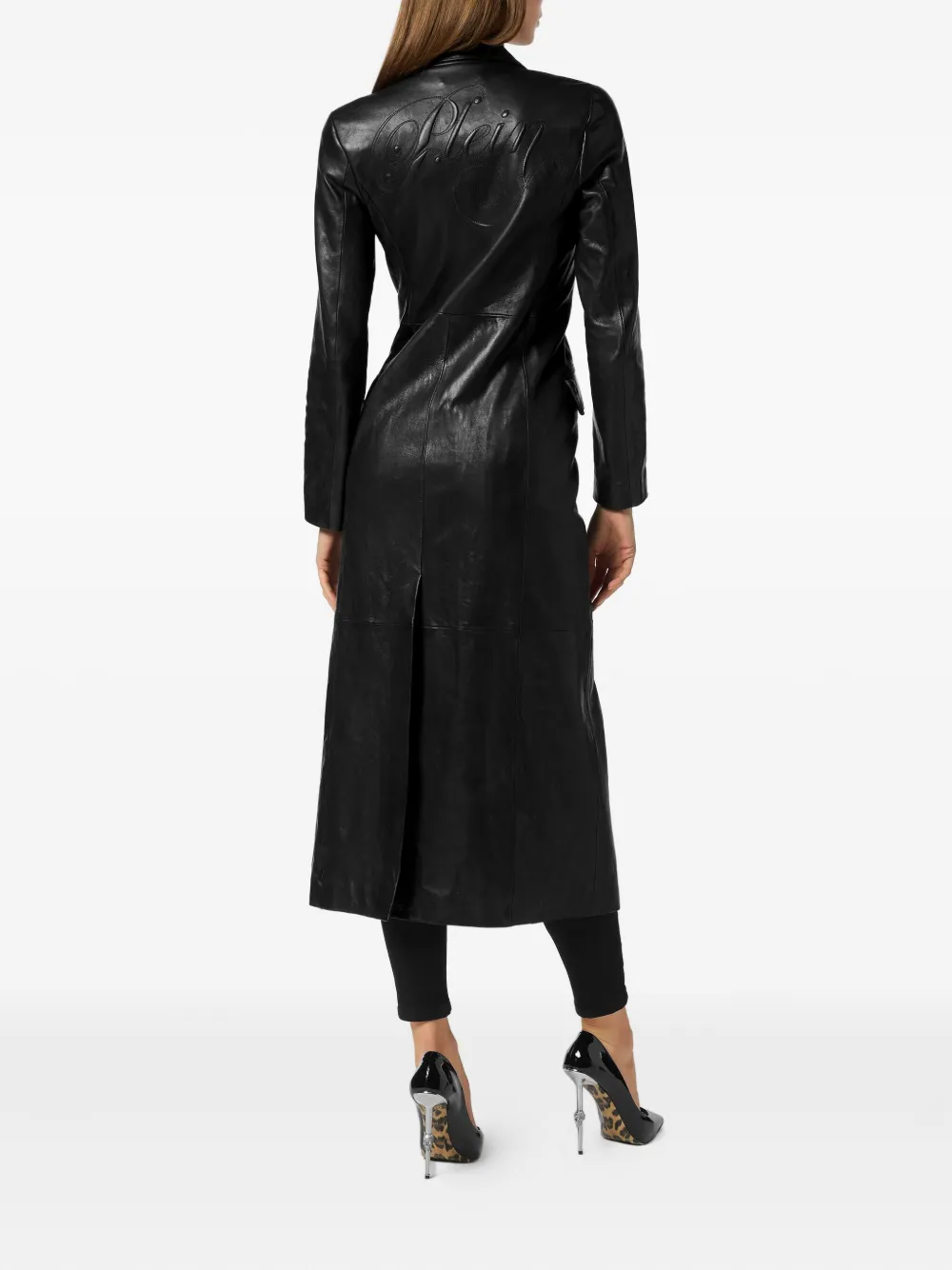 Philipp Plein Double-breasted Leather Coat In Black