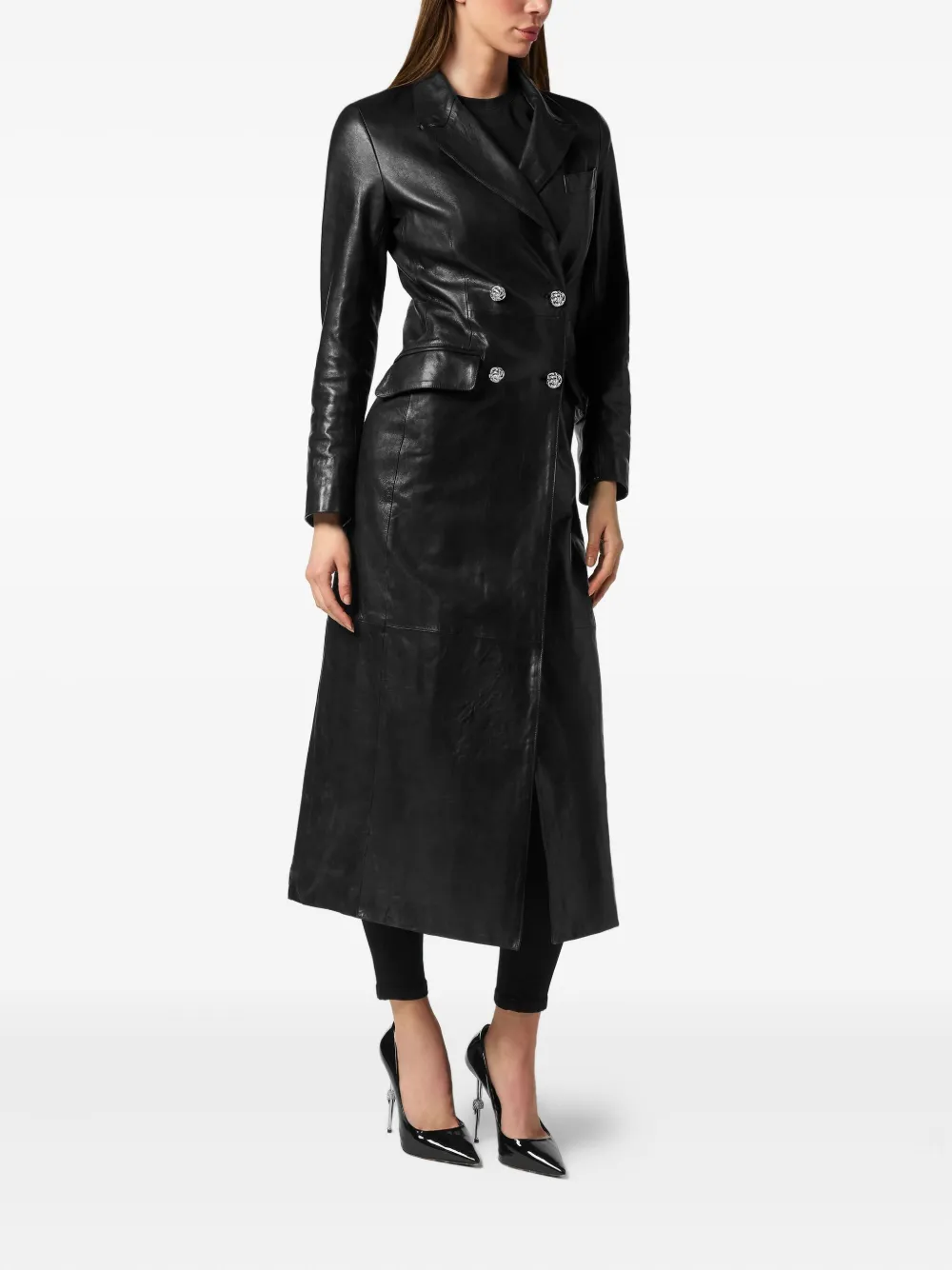 Philipp Plein Double-breasted Leather Coat In Black