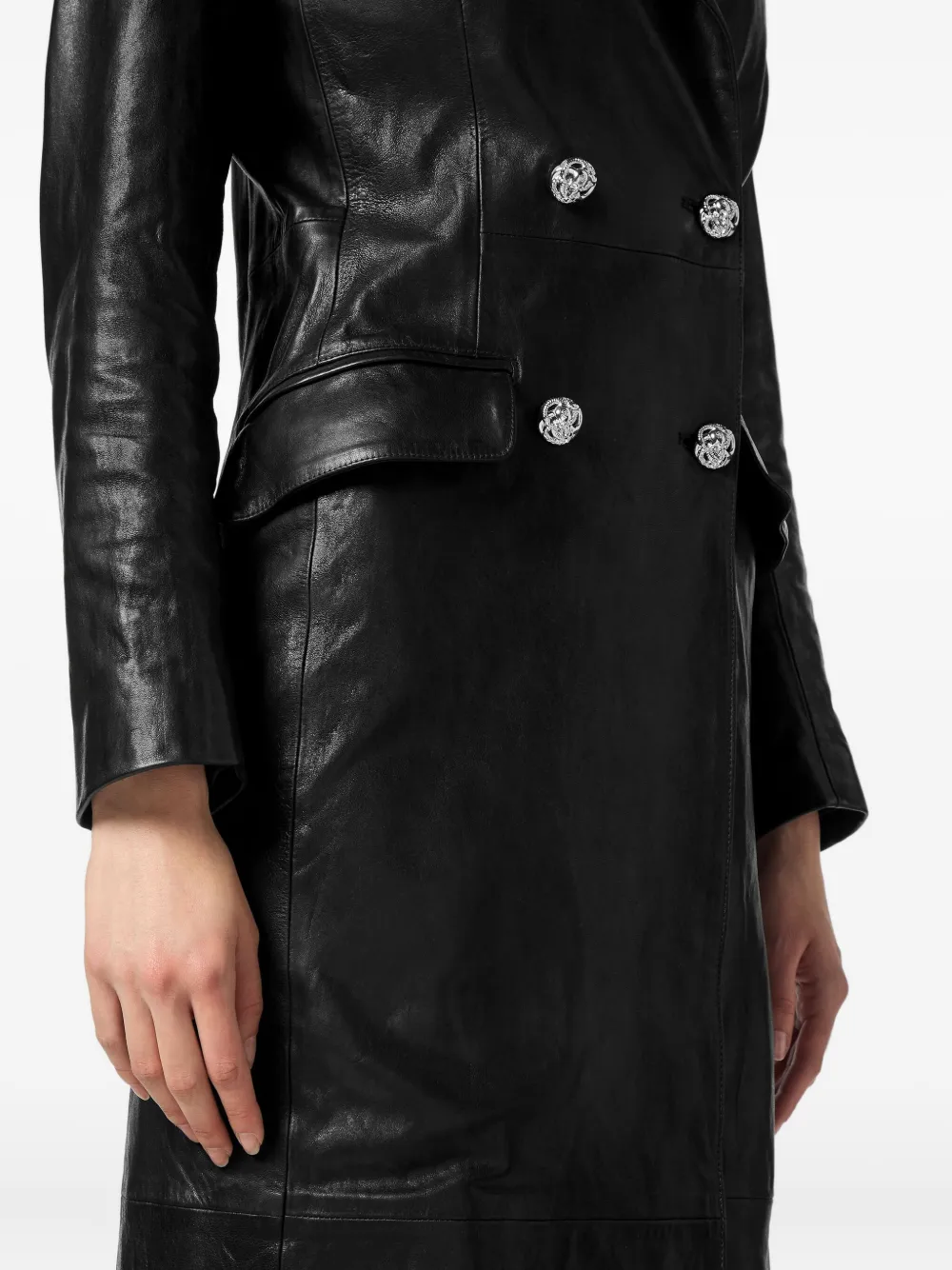 Philipp Plein Double-breasted Leather Coat In Black