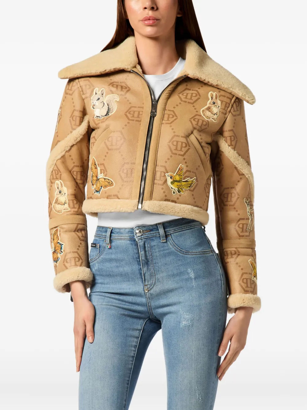 Philipp Plein Monogram Embroidered Shearling Jacket In Neutral