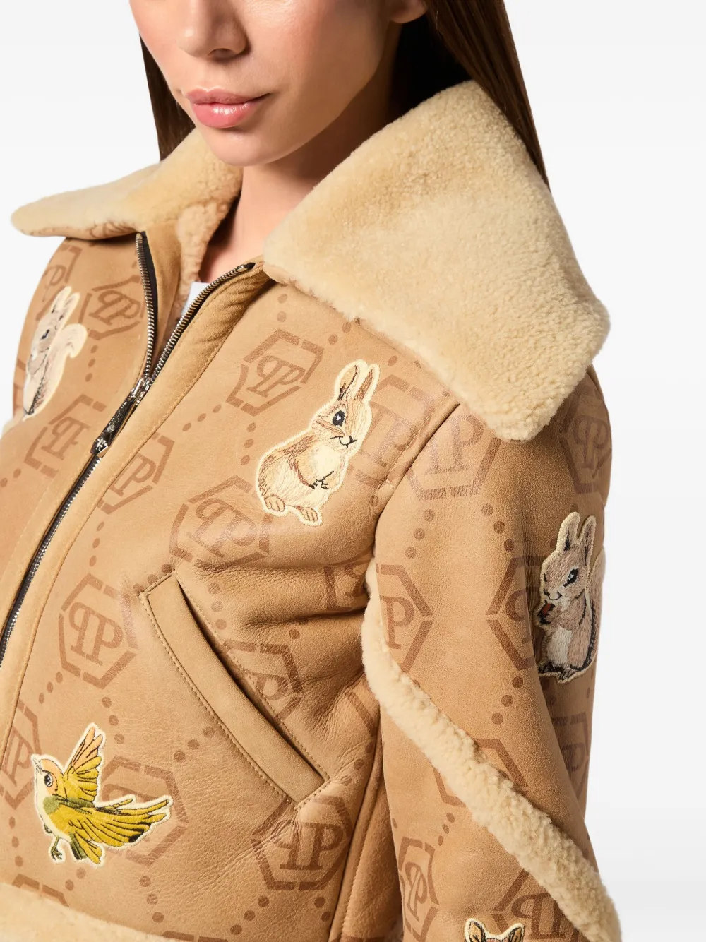 Philipp Plein Monogram Embroidered Shearling Jacket In Neutral