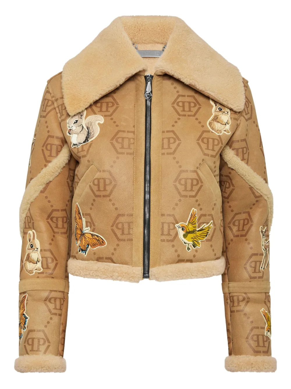 Philipp Plein monogram embroidered shearling jacket | Neutrals | Image 1