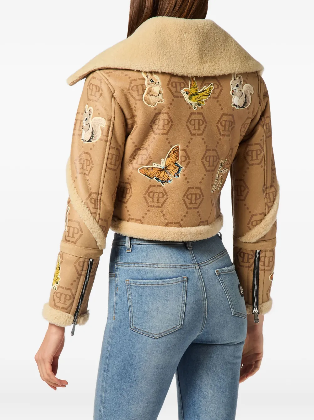 Philipp Plein Monogram Embroidered Shearling Jacket In Neutral
