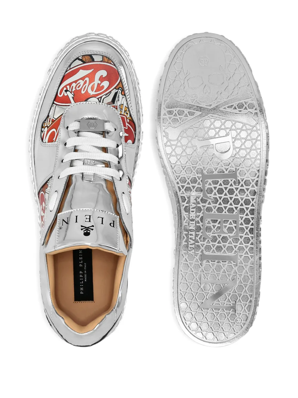 Philipp Plein Metallic Leather Eagle-print Sneakers In White
