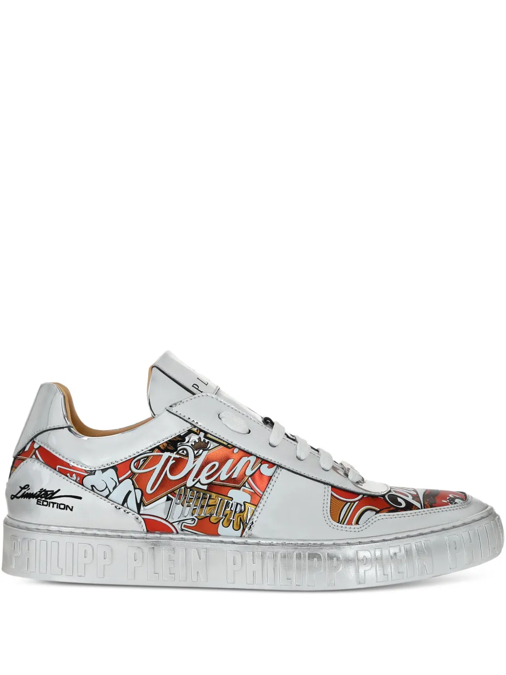 Philipp Plein Metallic leren sneakers met adelaarprint Wit