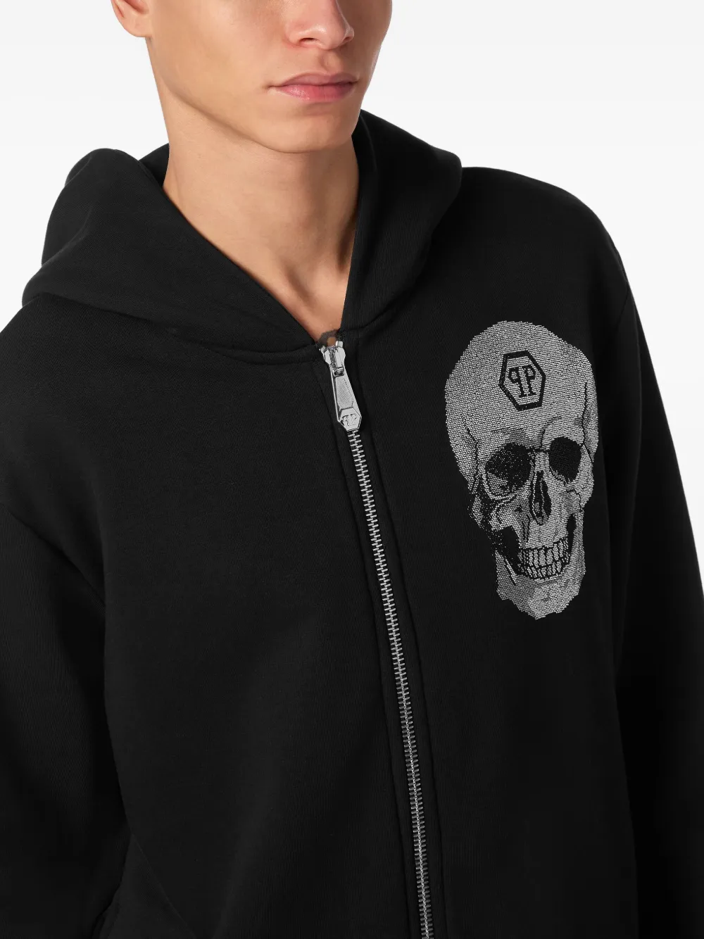 Philipp Plein Hoodie met rits en doodskop van stras Zwart