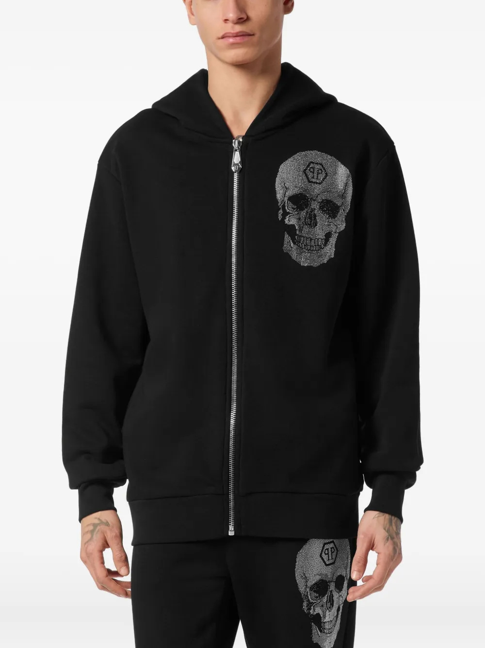 Philipp Plein Hoodie met rits en doodskop van stras Zwart