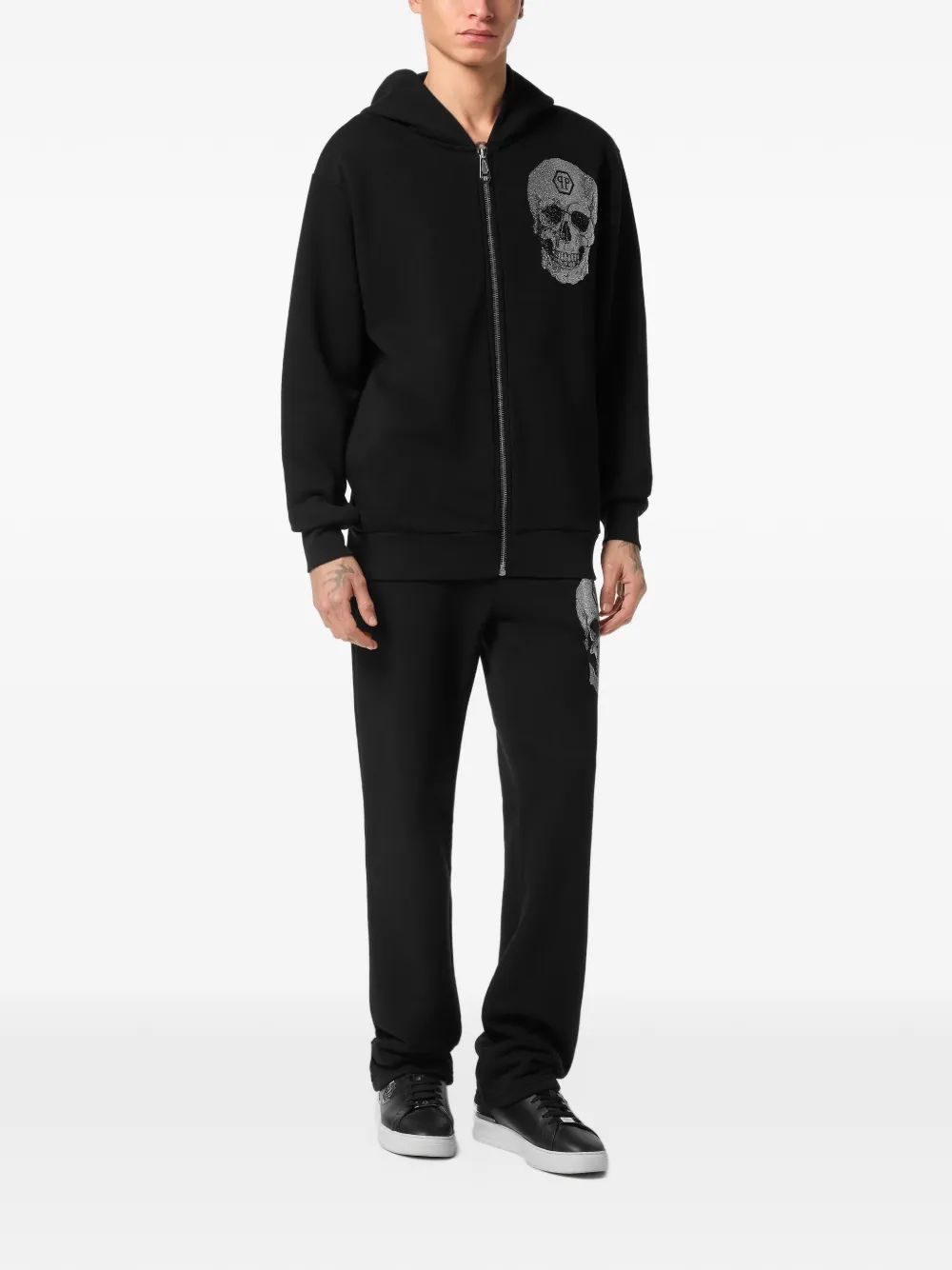 Philipp Plein Hoodie met rits en kristallen doodskop Zwart