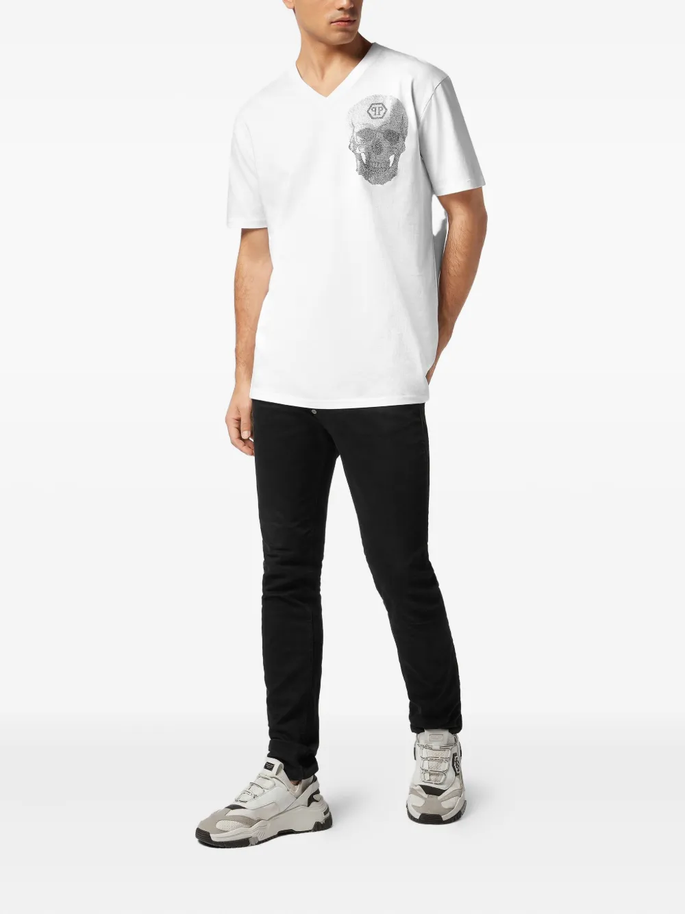 Philipp Plein crystal-skull V-neck T-shirt Wit