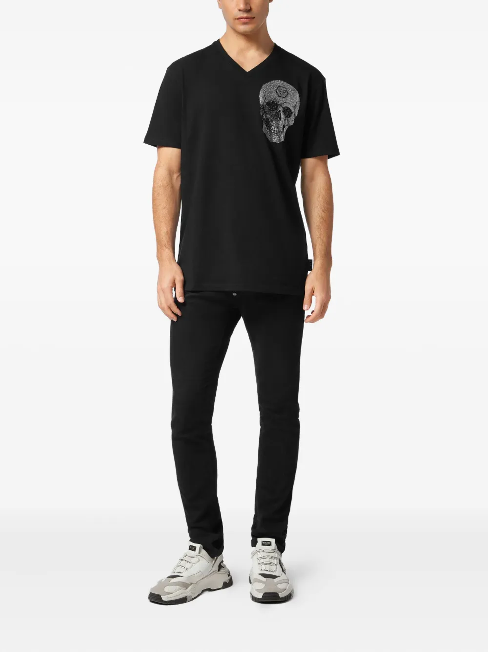 Philipp Plein crystal-skull V-neck T-shirt Zwart