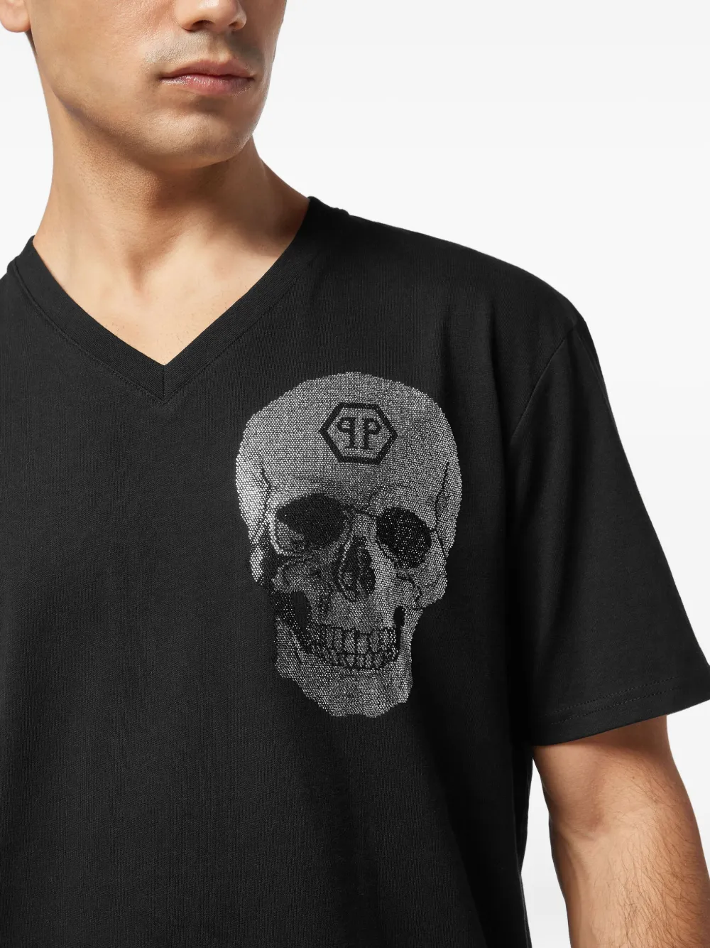 Philipp Plein crystal-skull V-neck T-shirt Zwart