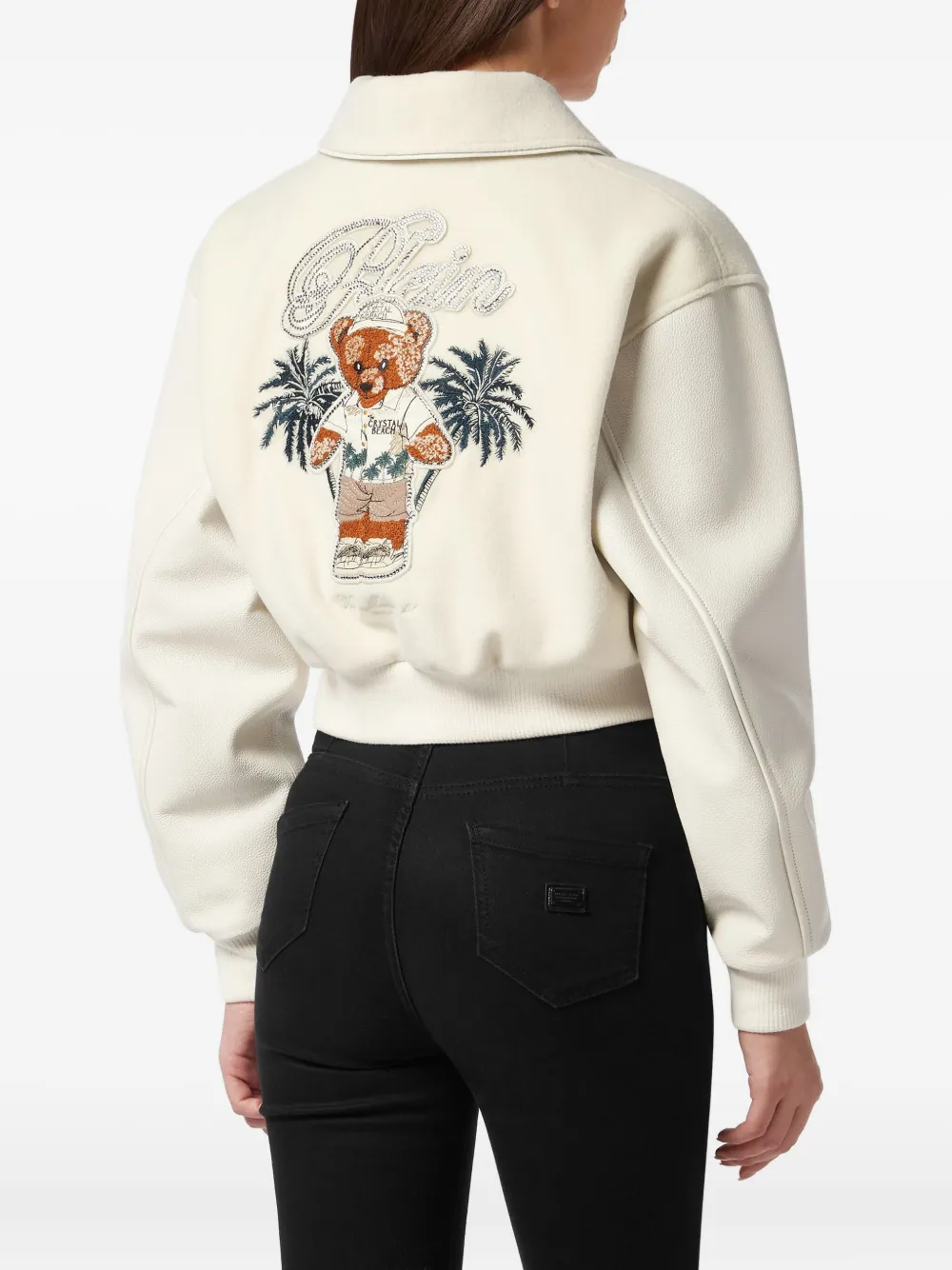 Philipp Plein Teddy-embellished Leather Bomber Jacket In Neutral
