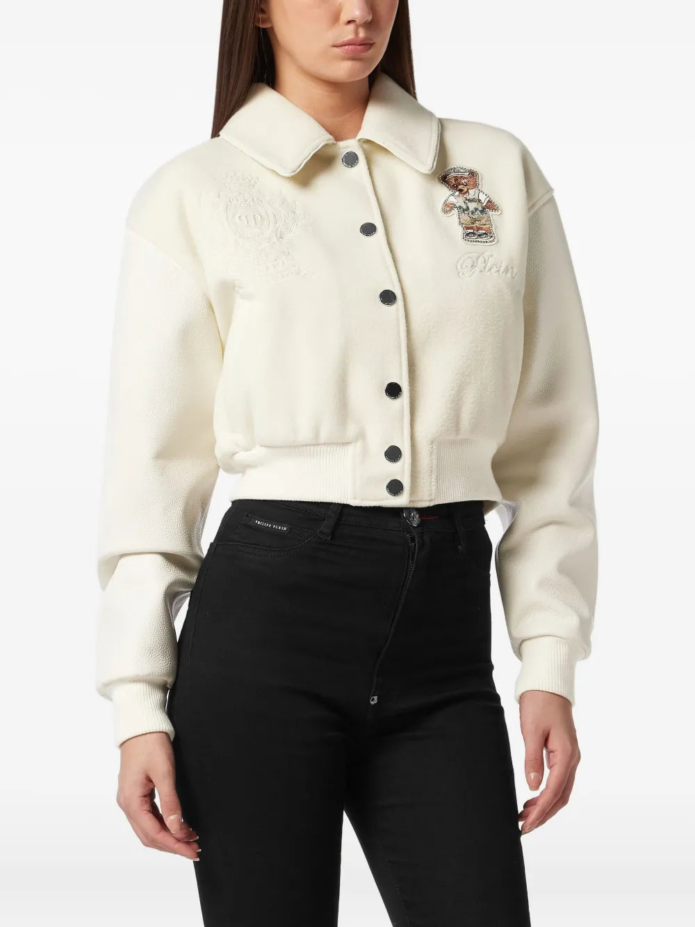 Philipp Plein Teddy-embellished Leather Bomber Jacket In Neutral