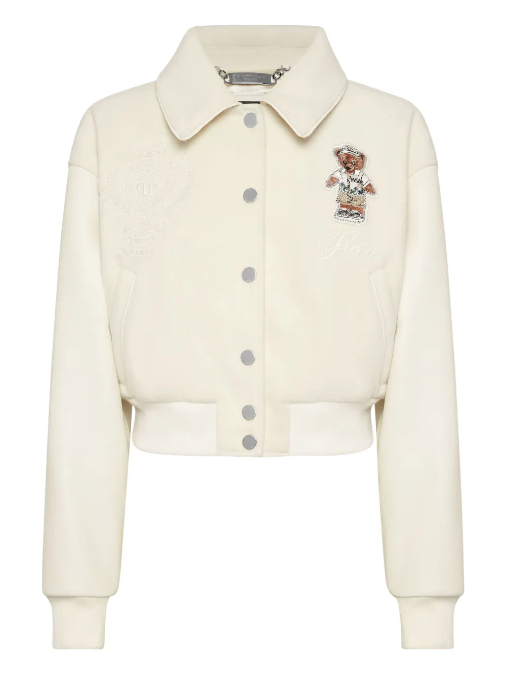 Philipp Plein Teddy-embellished Leather Bomber Jacket In Neutral