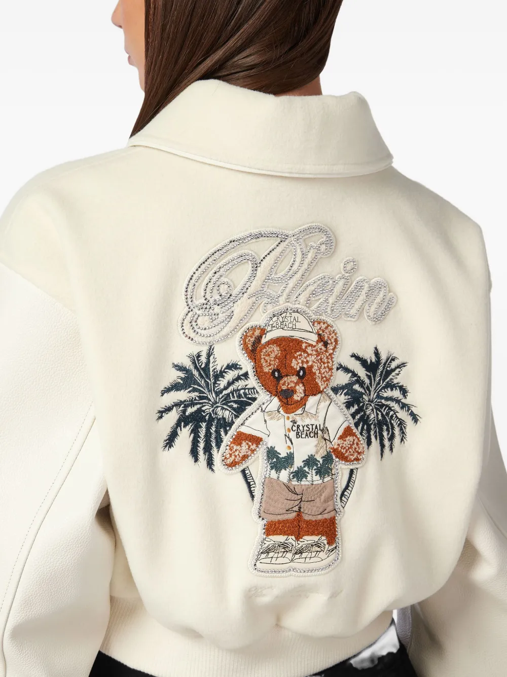 Philipp Plein Teddy-embellished Leather Bomber Jacket In Neutral