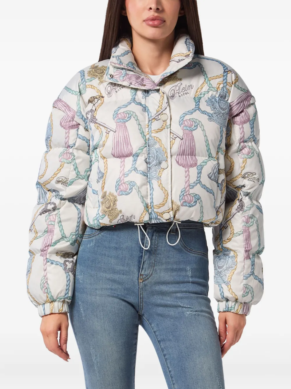 Philipp Plein tassel-key print puffer jacket Beige