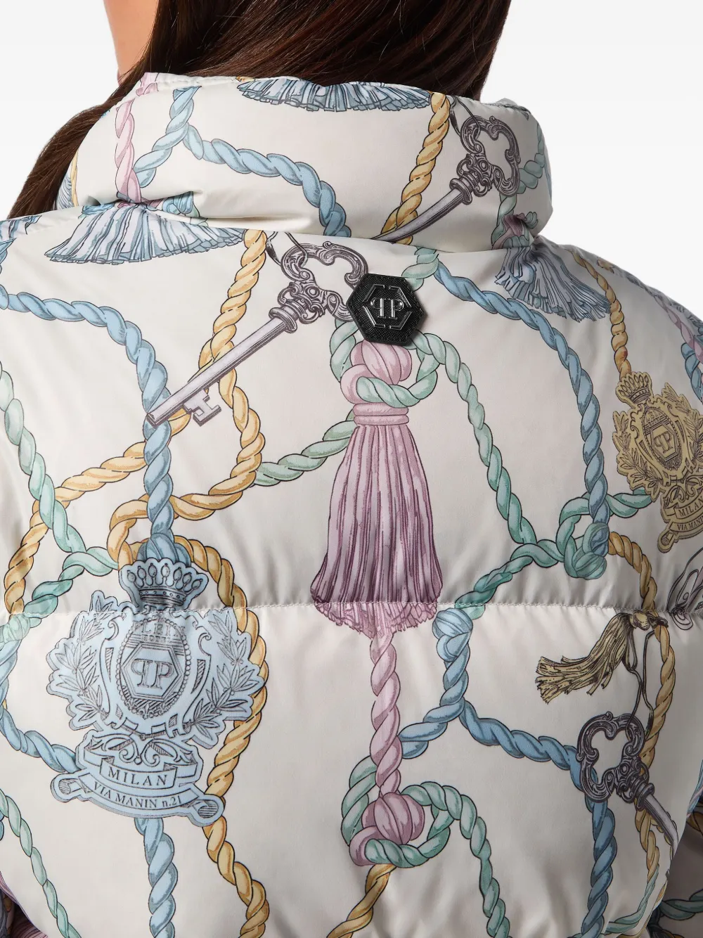 Philipp Plein tassel-key print puffer jacket Beige