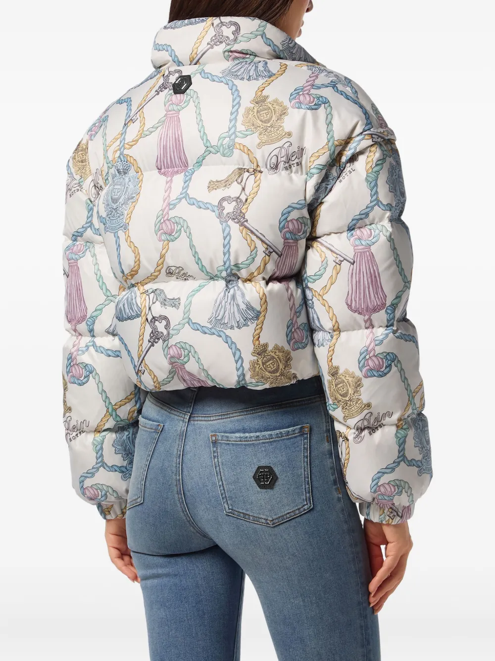 Philipp Plein tassel-key print puffer jacket Beige