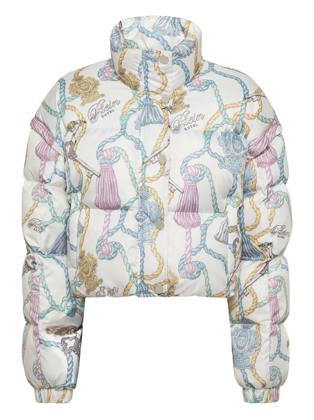 Philipp Plein tassel-key print puffer jacket Beige
