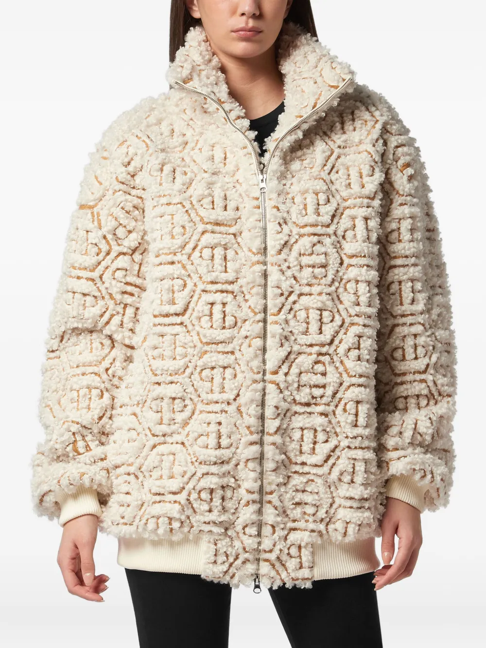 Philipp Plein Monogram Teddy Bomber Jacket In Neutral