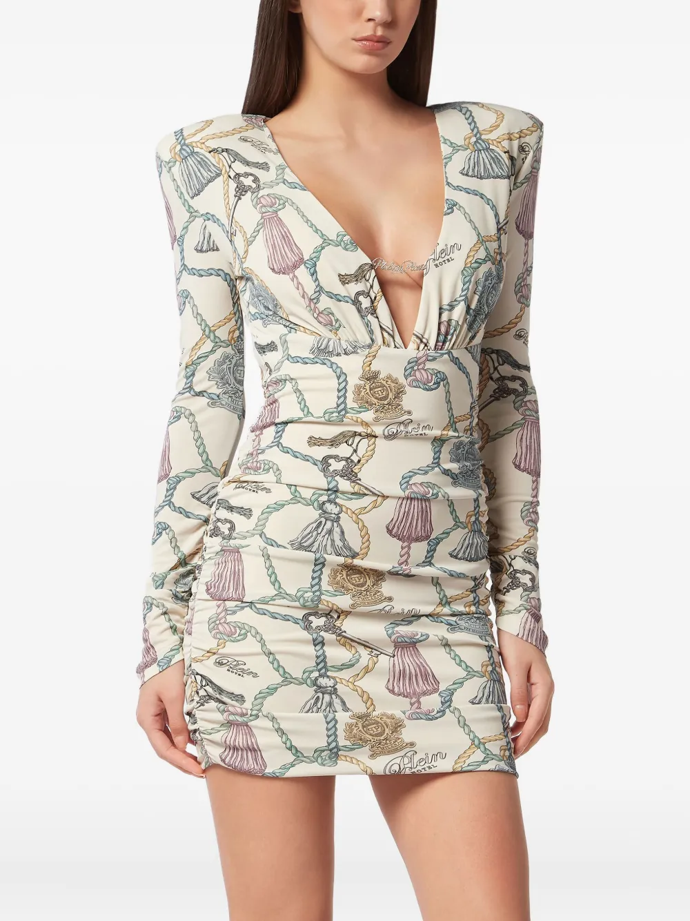 Philipp Plein Mini-jurk met kwastjesprint en lange mouwen - Beige
