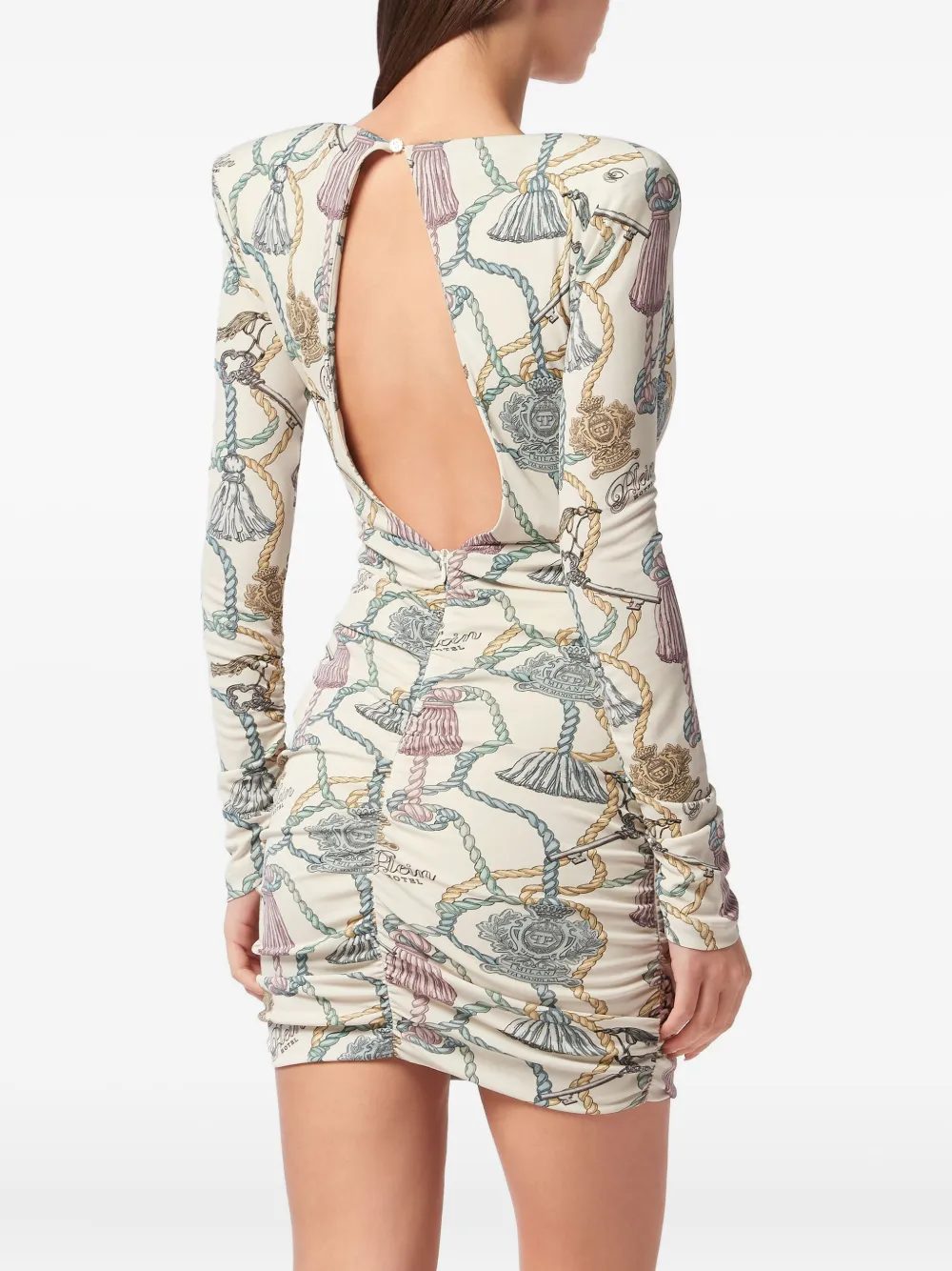 Philipp Plein Mini-jurk met kwastjesprint en lange mouwen Beige
