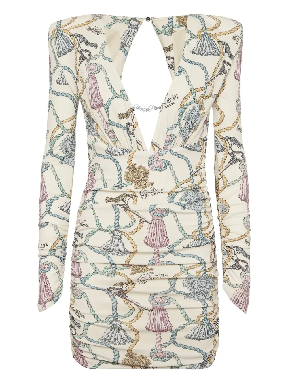 Philipp Plein Mini-jurk met kwastjesprint en lange mouwen Beige