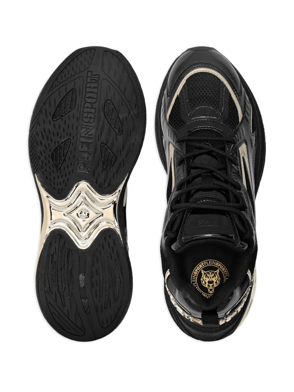 Plein Sport Patent Leather Mesh Sneakers In Black