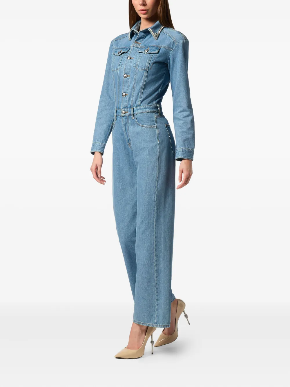 crystal-embellished denim jumpsuit