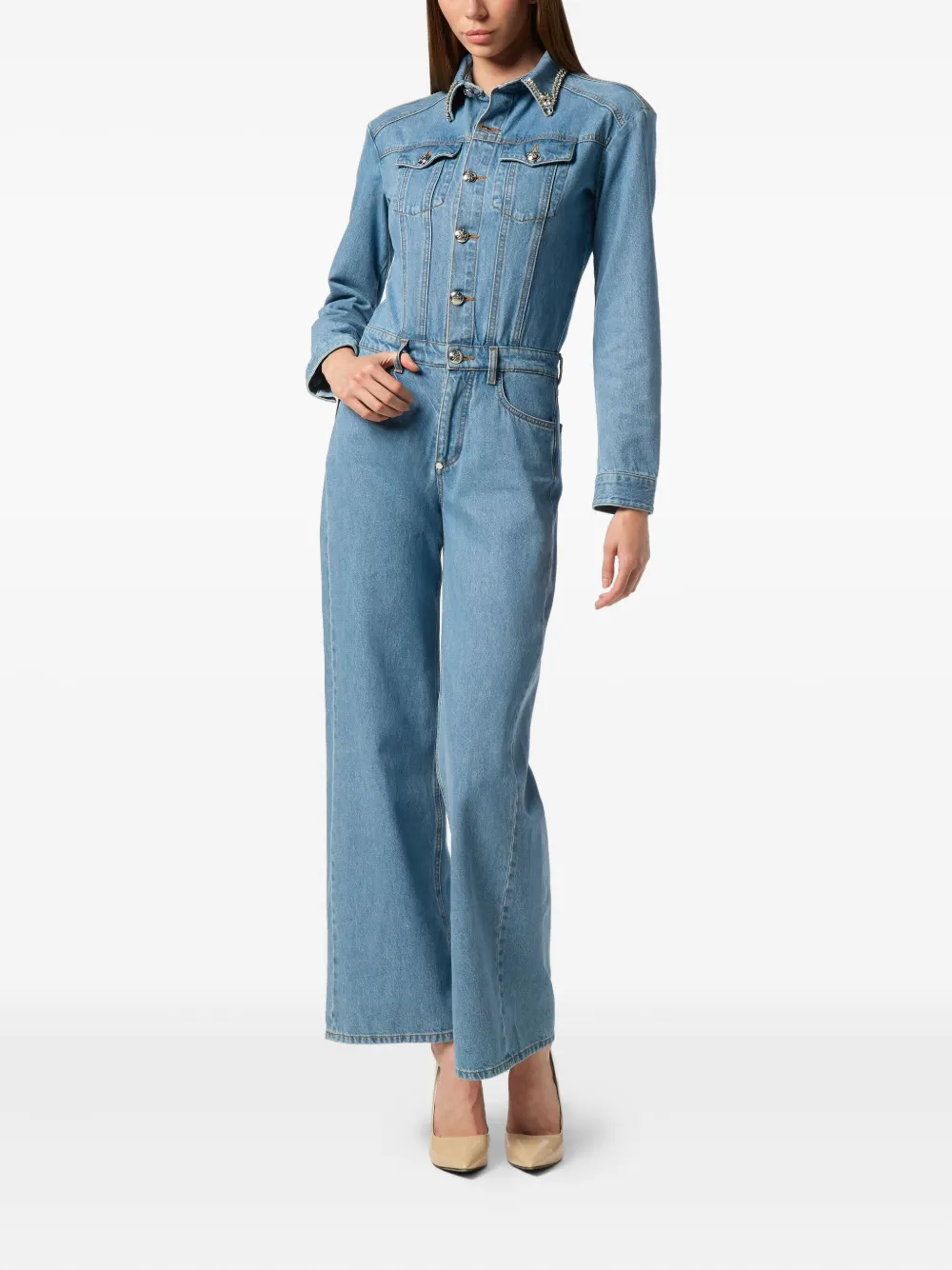 crystal-embellished denim jumpsuit