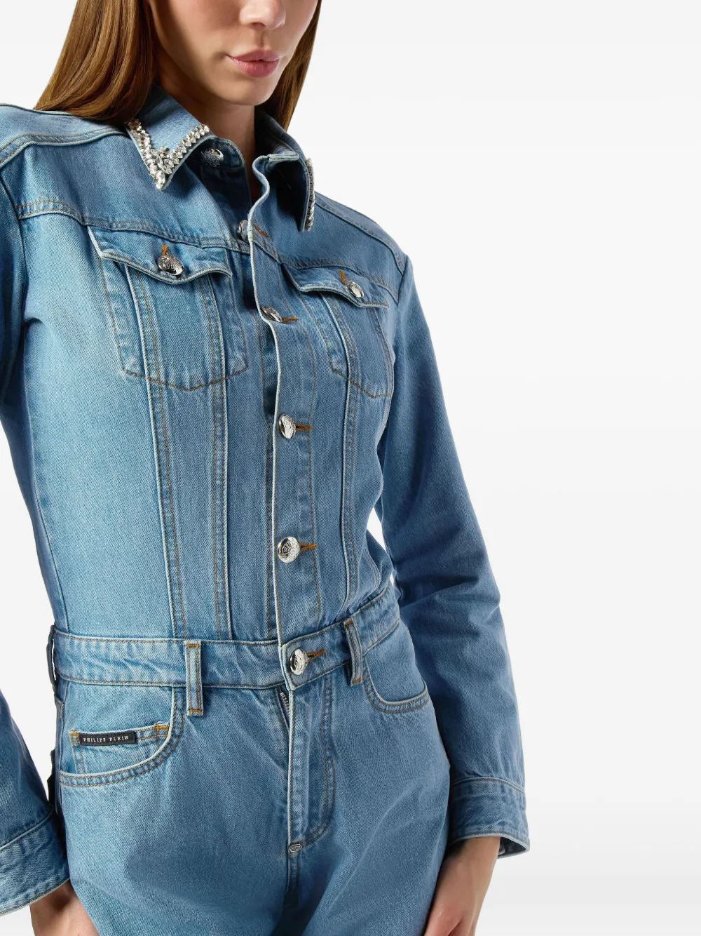 crystal-embellished denim jumpsuit