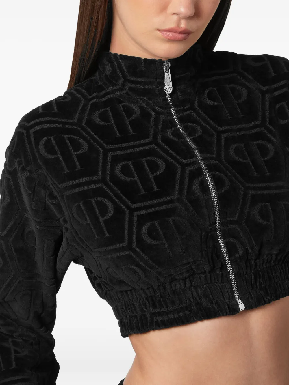 Philipp Plein Cropped trainingsjack met monogram jacquard Zwart